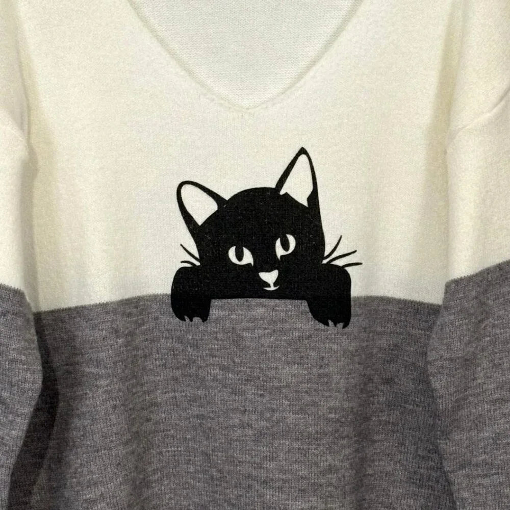 Super Cute Gray/Off White Black Cat Sweater V Neck Dolman Long Sleeves SZ XL - Picture 3 of 8